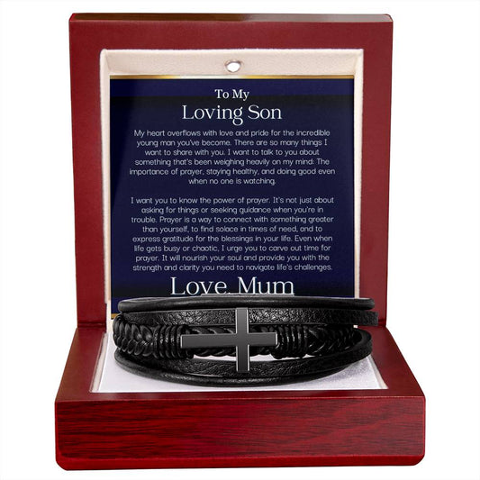 Cross Bracelet for Son from Mum Leather Cross Bracelet - Wide Open